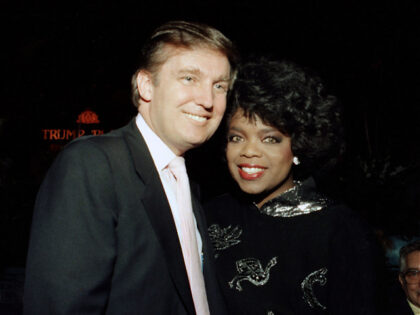 ATLANTIC CITY, NJ - JANUARY 22: Businessman Donald Trump and Oprah Winfrey at Tyson vs Holmes Convention Hall in Atlantic City, New Jersey January 22 1988. (Photo by Jeffrey Asher/ Getty Images)