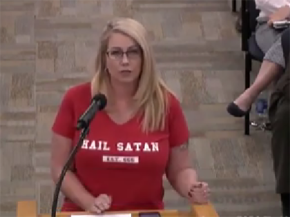 parent wears Hail Satan shirt at Escambia County school board meeting