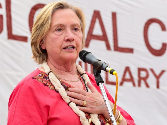 Former US Secretary of State Hillary Clinton speaks during an event at Kuda village, in Little Rann of Kutch on February 6, 2023. (Photo by SAM PANTHAKY / AFP) (Photo by SAM PANTHAKY/AFP via Getty Images)
