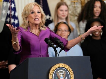 First lady Jill Biden speaks during an event in the East Room of the White House in Washin