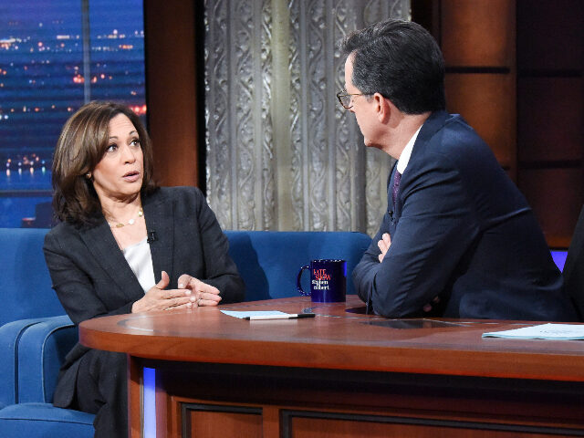 NEW YORK - MAY 22: The Late Show with Stephen Colbert and guest Sen. Kamala Harris during Wednesday's May 22, 2019 show. (Photo by Scott Kowalchyk/CBS via Getty Images)