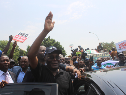 Atiku Abubakar of the Peoples Democratic Party and second place candidate, greets his supporters during a protest against the recent presidential election results, in Abuja , Nigeria, Monday, March 6, 2023. Thousands of opposition supporters staged a protest Monday against the country’s presidential election results, as calls for a revote …