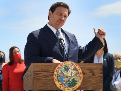 MIAMI, FLORIDA - APRIL 08: Florida Gov. Ron DeSantis speaks to the media about the cruise industry during a press conference at PortMiami on April 08, 2021 in Miami, Florida. The Governor announced that the state is suing the federal government to allow cruises to resume in Florida. (Photo by …