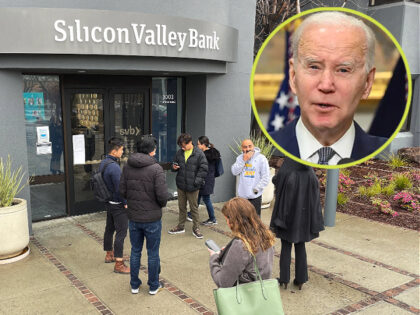 People line up outside of the shuttered Silicon Valley Bank (SVB) headquarters on March 10, 2023, in Santa Clara, California. INSET: President Joe Biden (Photo by Justin Sullivan/Getty Images)