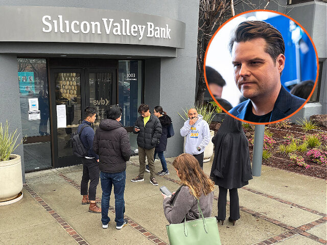 People line up outside of the shuttered Silicon Valley Bank (SVB) headquarters on March 10