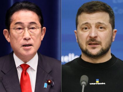 (COMBO) This combination of file pictures created on March 21, 2023 shows Japan's Prime Minister Fumio Kishida (L) speaking during a press conference at his official residence in Tokyo on March 17, 2023, and Ukraine's President Volodymyr Zelensky speaking during a press conference following a round-table meeting as part of …
