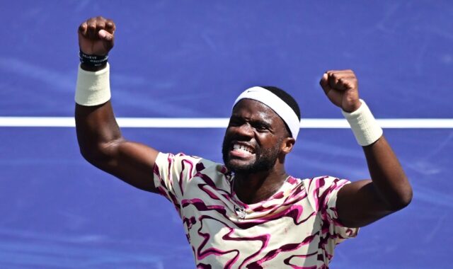 American Frances Tiafoe celebrating a victory over Britain's Cameron Norrie to reach the I