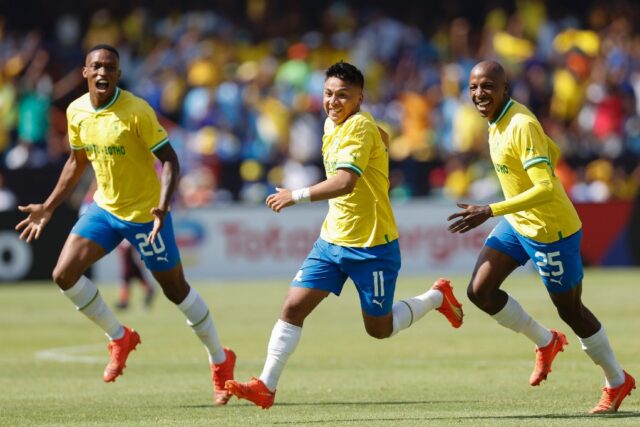 Chilean Marcelo Allende (C) celebrates scoring for Mamelodi Sundowns in a 5-2 CAF Champion