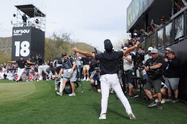 Danny Lee celebrates his victory at the LIV Golf Tucson event in Arizona on Sunday