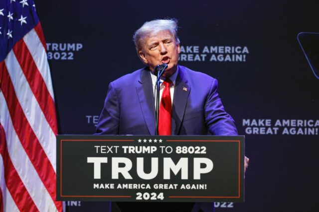 Former US president Donald Trump speaks about education policy at the Adler Theatre in Davenport, Iowa on March 13, 2023