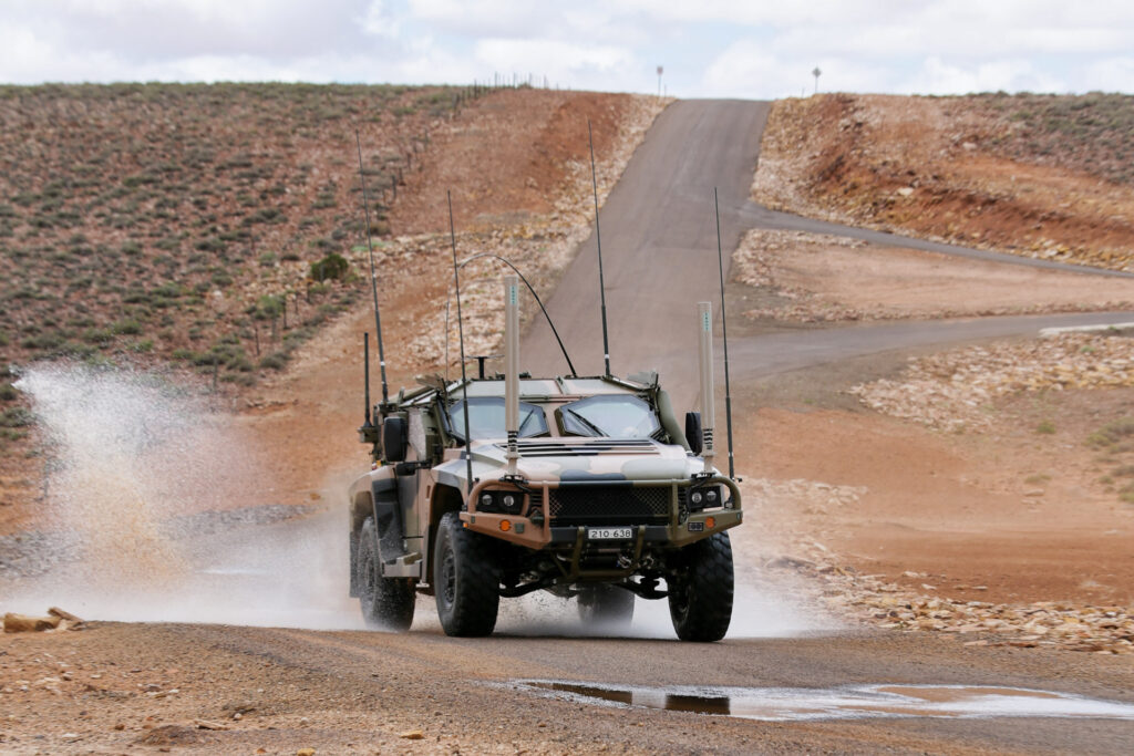 An Australian Army Thales Hawkei protected mobility vehicle - light takes part in the Protected Mobility Integration and Capability Assurance program testing at a purpose-built facility near Woomera in South Australia.