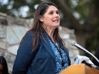 State Representative Stephanie Stahl Hamilton speaking with the media at a press conference for the Arizona Latino Legislative Caucus at the Arizona State Capitol building in Phoenix, Arizona on February 13, 2023.