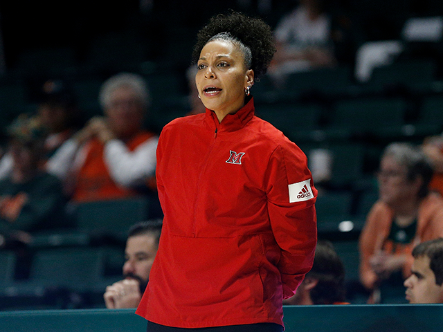 Miami Redhawks head coach Deunna Hendrix during an NCAA women's basketball game on Saturda