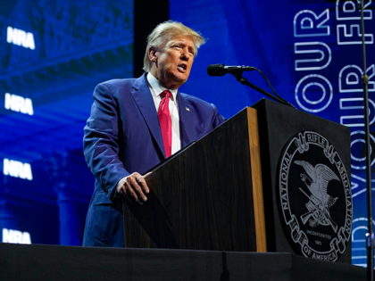 Former President Donald Trump speaks at the National Rifle Association Convention in Indianapolis, Friday, April 14, 2023. (AP Photo/Michael Conroy)
