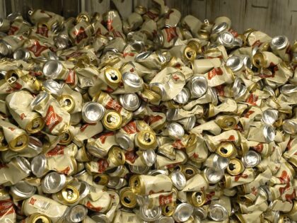 In this image provided by Comite Champagne, cans of Miller High Life beer sit in a container after being crushed at the Westlandia plant in Ypres, Belgium, Monday, April 17, 2023. Belgian customs have destroyed more than 2,000 cans of Miller High Life advertised as the ″Champagne of beers” at …