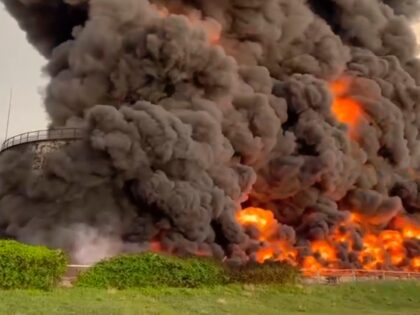 In this handout photo taken from video released by the Governor of Sevastopol Mikhail Razvozhaev telegram channel on Saturday, April 29, 2023, smoke and flame rise from a burning fuel tank in Sevastopol, Crimea. A massive fire erupted at an oil reservoir there after it was hit by a drone, …