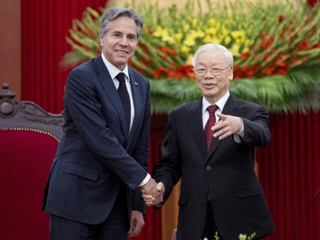 U.S. Secretary of State Antony Blinken, left, meets with Vietnam's Communist Party Ge