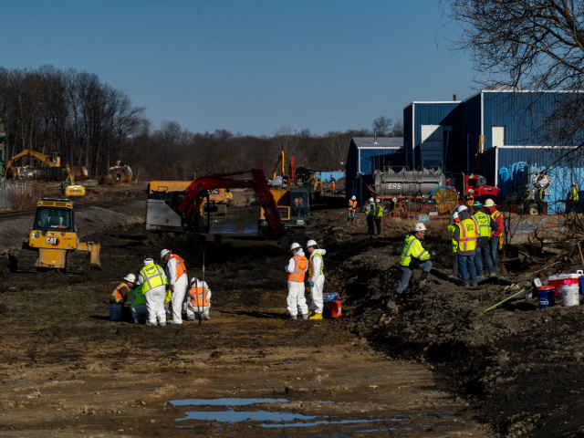 EAST PALESTINE, OH - MARCH 09: Ohio EPA and EPA contractors collect soil and air samples f