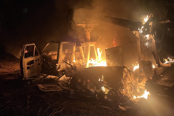 A suspected human smuggler's utility truck burst into flames following a crash near the border in Texas. (Law Enforcement Photo)