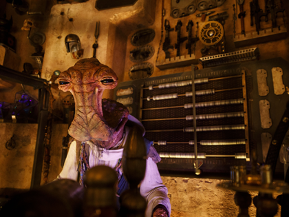 An audio-animatronic Dok-Ondar figure stands inside Dok-Ondar's Den of Antiquities during a media preview of Star Wars: Galaxy's Edge at Walt Disney Co.'s Disneyland theme park in Anaheim, California, U.S., on Wednesday, May 29, 2019. The 14-acre project is the largest-ever addition to the park and the most hotly anticipated …