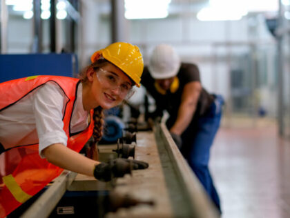 Beautiful worker or technician or engineer woman smile and look forward in front of rail of the machine with her co-worker as background in factory.