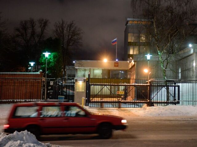 A car drives past he Russian embassy in Stockholm, Sweden on Februry 8, 2021. - Germany, S