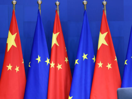 BRUSSEL, BELGIUM - APRIL 01: A general view of the European Union and Chinese flags during the EU-China Summit held via videoconferencing in Brussel, Belgium on April 01, 2022. The president of the European Council Charles Michel, president of the European Commission Ursula von der Leyen, high representative of the …