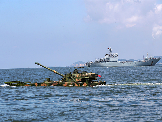 A brigade of the army under the Eastern Theater Command and a department of the Navy carry out a multi-subject combat training in a sea area in Zhangzhou, Fujian province, China, Aug 27, 2022. (Photo credit should read CFOTO/Future Publishing via Getty Images)