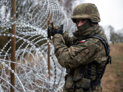 WISZTYNIEC, WARMIAN-MASURIAN, POLAND - 2022/11/03: A Polish soldier seen working at the construction of the razor wire fence along the border with the Russian exclave of Kaliningrad. Polands government has authorized the construction of a new razor wire fence along the 210-kilometers border with the Russian exclave of Kaliningrad. The …