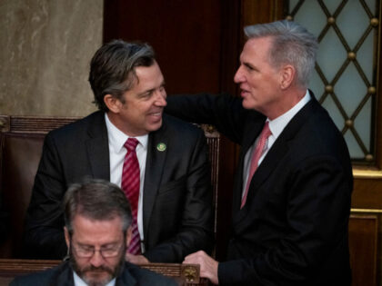 UNITED STATES - JANUARY 5: Rep.-elect Andy Ogles, R-Tenn., left, and House Republican Leader Kevin McCarthy, R-Calif., are seen on the House floor during a vote in which McCarthy did not receive enough votes to become Speaker of the House on Thursday, January 5, 2023. (Tom Williams/CQ-Roll Call, Inc via …