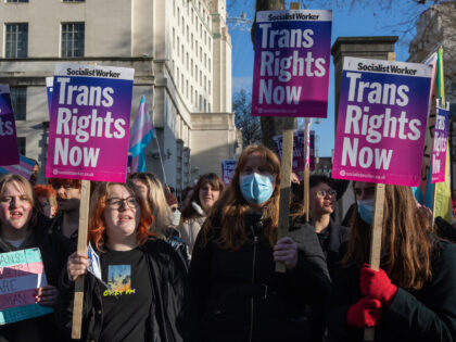 Trans rights activists attend a protest opposite Downing Street on 21 January 2023 in London, United Kingdom. The protest was organised by London Trans Pride following the UK government's decision to use Section 35 of the Scotland Act to block Scotland's Gender Recognition Reform Bill which would have made it …