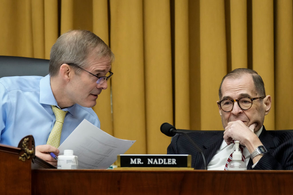 WASHINGTON, DC - FEBRUARY 01: U.S. Rep. Jim Jordan (R-OH), Chairman of the House Judiciary Committee, confers with committee ranking member U.S. Rep. Jerry Nadler (D-NY) during a hearing on U.S. southern border security on Capitol Hill, February 01, 2023 in Washington, DC. This is the first in a series of hearings called by Republicans to examine the Biden administration's handling of border security and migration along the U.S.-Mexico border. (Photo by Drew Angerer/Getty Images)