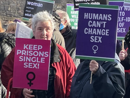 Campaigners from Women Scotland protest outside Holyrood against male transgender prisoners being housed in female prisons. Picture date: Thursday February 9, 2023. (Photo by Rebecca McCurdy/PA Images via Getty Images)