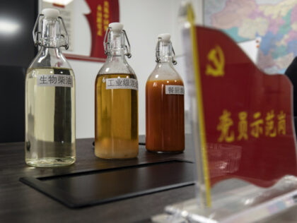Sample bottles of aviation biofuel, from left, biodiesel, industrial mix oil, left, and raw food waste oil at the Sichuan Jinshang Environmental Technology facility in Chengdu, China, on Friday, Jan. 13, 2023. The perfect Sichuan hot pot produces about 12,000 tons of waste oil each month in the Chinese city …