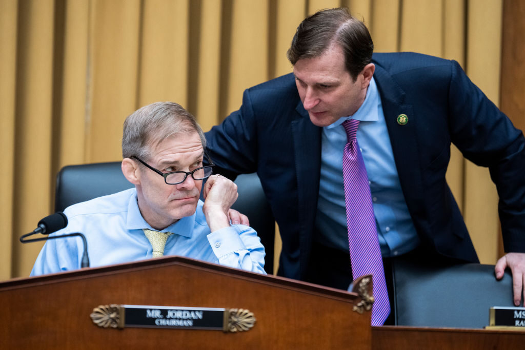 UNITED STATES - MARCH 9: Chairman Jim Jordan, R-Ohio, and Rep. Dan Goldman, D-N.Y., attend the House Judiciary Select Subcommittee on the Weaponization of the Federal Government hearing titled The Twitter Files, in Rayburn Building on Thursday, March 9, 2023. (Tom Williams/CQ-Roll Call, Inc via Getty Images)