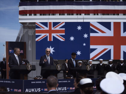 Anthony Albanese, Australia's prime minister, from left, US President Joe Biden, and Rishi Sunak, UK prime minister, in San Diego, California, US, on Monday, March 13, 2023. The prime ministers of the UK and Australia are meeting Biden today as the three nations unveil the next phase of the AUKUS nuclear …