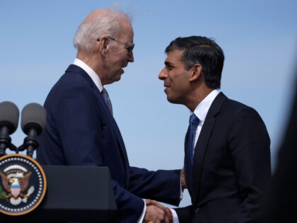 US President Joe Biden, left, and Rishi Sunak, UK prime minister, shake hands at Naval Base Point Loma in San Diego, California, US, on Monday, March 13, 2023. The prime ministers of the UK and Australia are meeting Biden today as the three nations unveil the next phase of the …