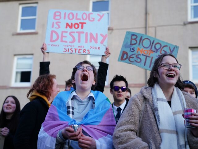 Trans rights activists take part in a demonstration outside Portobello Library, Edinburgh, where parents are attending a meeting, organised by Concerned Adults Talking Openly About Gender Identity Ideology, to discuss transgender ideology in Scottish schools. Picture date: Tuesday March 14, 2023. (Photo by Jane Barlow/PA Images via Getty Images)