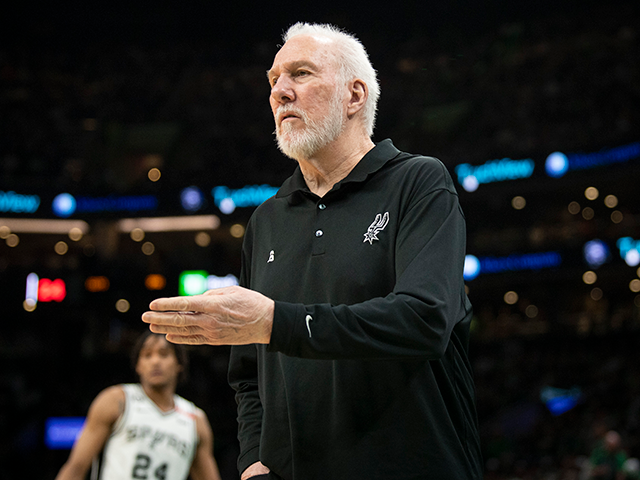 Head Coach Gregg Popovich of the San Antonio Spurs reacts during the first half of a game