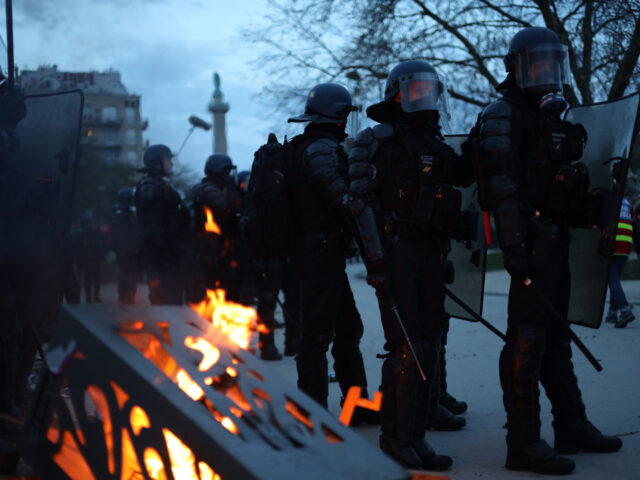 PARIS, FRANCE - MARCH 28: French riot police take measure during a demonstration after the