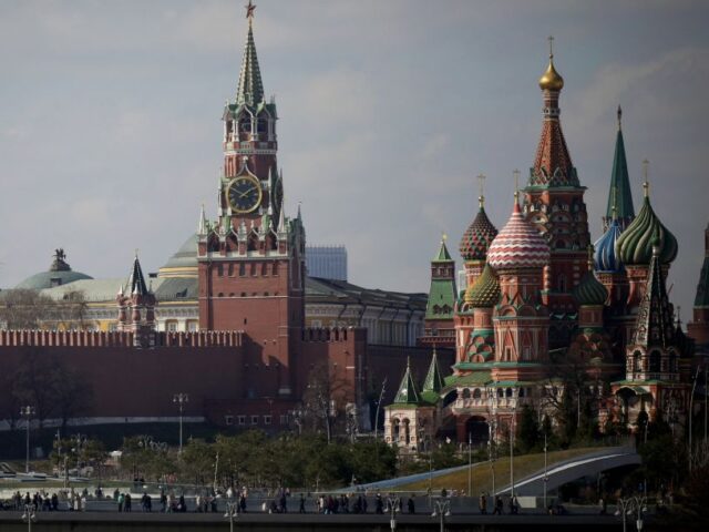 This photograph taken on April 1, 2023, shows a view of the Kremlin with Spasskaya Tower (