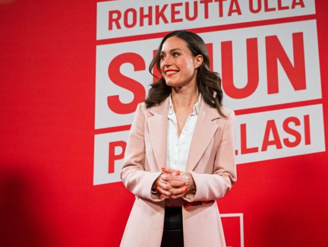Social Democratic Party SDP chair and Finnish Prime Minister Sanna Marin arrives to give h