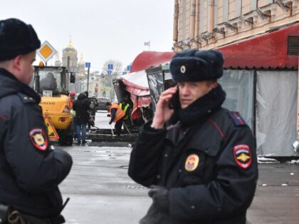 Municipal workers clean the debris in the aftermath of the April 2 bomb blast in a cafe in Saint Petersburg on April 3, 2023. - Sunday's explosion in a Saint Petersburg cafe wounded dozens and killed Russia's top military blogger Vladlen Tatarsky. (Photo by OLGA MALTSEVA / AFP) (Photo by …