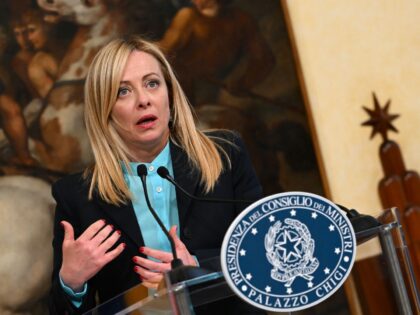 Italy's Prime Minister, Giorgia Meloni speaks during a joint press conference with her Spanish counterpart on April 5, 2023 following their meeting at Palazzo Chigi in Rome. (Photo by Andreas SOLARO / AFP) (Photo by ANDREAS SOLARO/AFP via Getty Images)