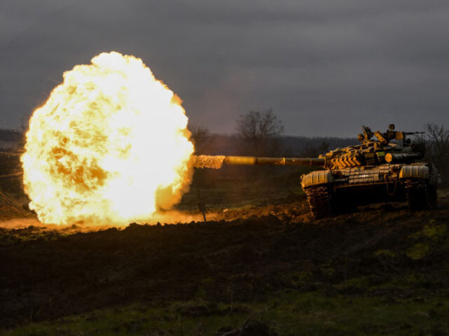 DONETSK OBLAST, UKRAINE - MARCH 29: (EDITORS NOTE: The tank number has been blurred) A Ukrainian tank performs during firing practice amid Russia-Ukraine war on the frontline of Donetsk Oblast, Ukraine on March 29, 2023. (Photo by Muhammed Enes Yildirim/Anadolu Agency via Getty Images)