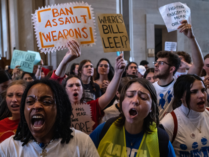 Protestors call for gun reform laws at Tennessee State Capitol building on April 6, 2023 in Nashville, Tennessee. Three Democratic state representatives face expulsion from the legislature after they led a protest at the Tennessee State Capitol building in the wake of a mass shooting where three students and three …