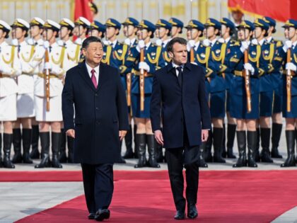 Chinese President Xi Jinping holds a welcoming ceremony for French President Emmanuel Macron at the square outside the east gate of the Great Hall of the People prior to their talks in Beijing, capital of China, April 6, 2023. Xi held talks with Macron in Beijing on Thursday. (Photo by …