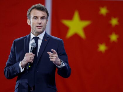 French President Emmanuel Macron gestures as he speaks to students at Sun Yat-sen University in Guangzhou on April 7, 2023. (Photo by LUDOVIC MARIN / AFP) (Photo by LUDOVIC MARIN/AFP via Getty Images)
