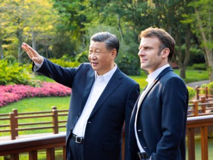 Chinese President Xi Jinping and French President Emmanuel Macron stroll through the Pine