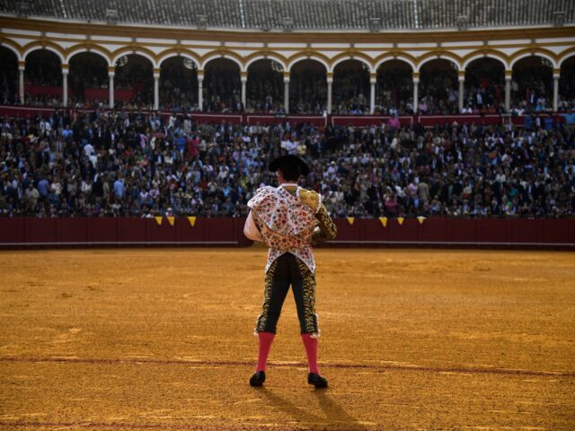 Spanish bullfighter Julian Lopez "El Juli" looks on before a bullfight at La Maestranza bu